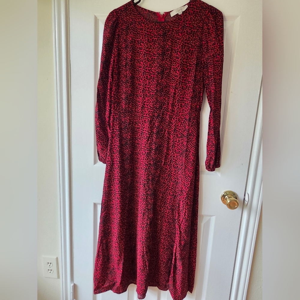 LOFT Midi Dress 2 Red and Black Leopard Animal Print Slit Dress - Picture 10 of 12